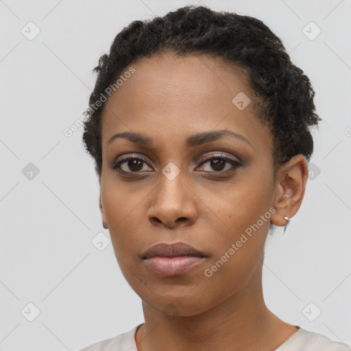 Neutral black young-adult female with short  black hair and brown eyes