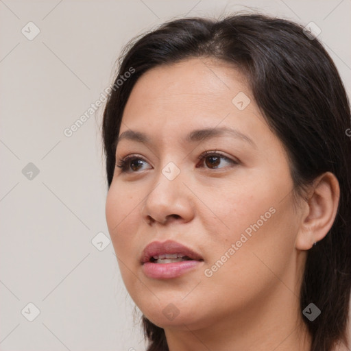 Neutral white young-adult female with medium  brown hair and brown eyes