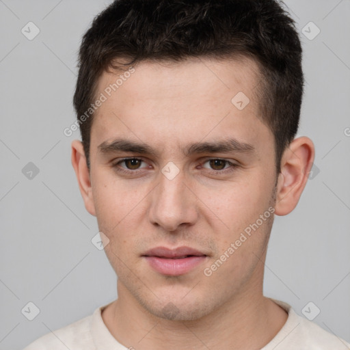 Neutral white young-adult male with short  brown hair and brown eyes