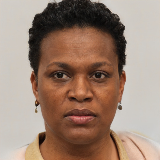 Neutral black adult female with short  brown hair and brown eyes
