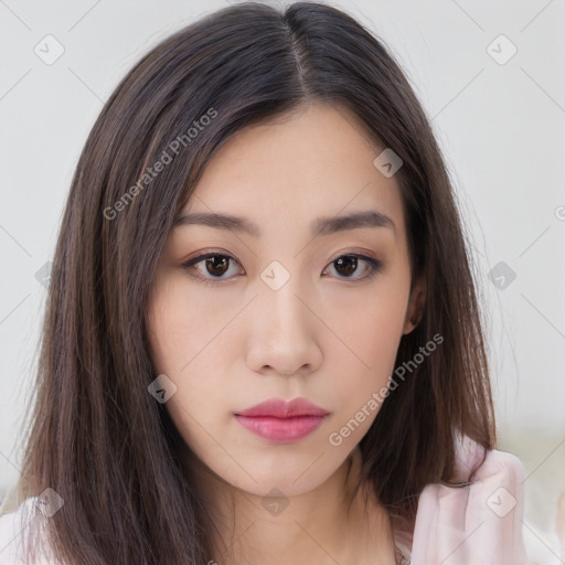 Neutral asian young-adult female with long  brown hair and brown eyes