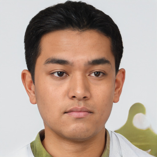 Neutral asian young-adult male with short  black hair and brown eyes