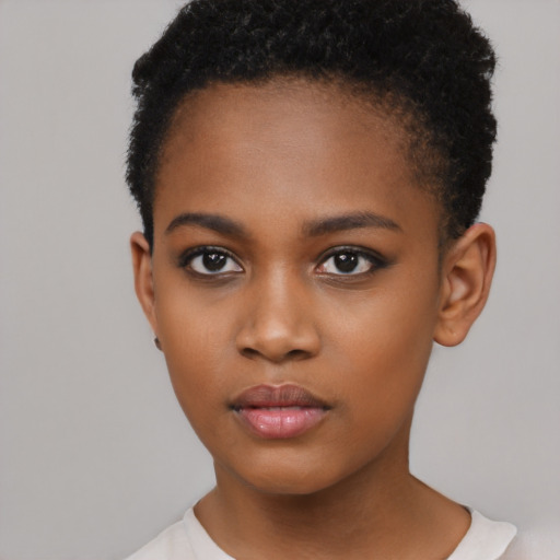 Neutral black young-adult female with short  brown hair and brown eyes