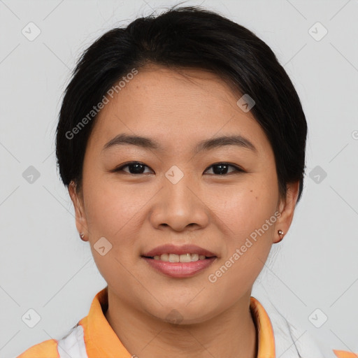 Joyful asian young-adult female with short  brown hair and brown eyes
