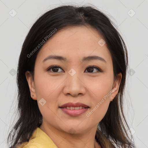 Joyful white young-adult female with medium  brown hair and brown eyes