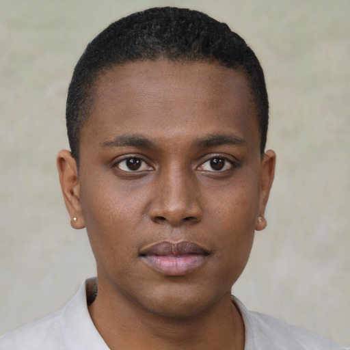 Neutral black young-adult male with short  brown hair and brown eyes