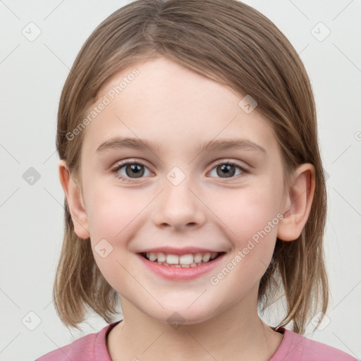 Joyful white child female with medium  brown hair and grey eyes