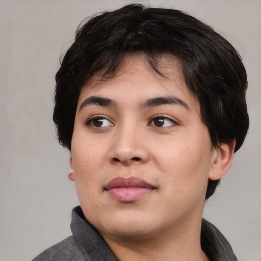 Neutral asian young-adult female with short  black hair and brown eyes