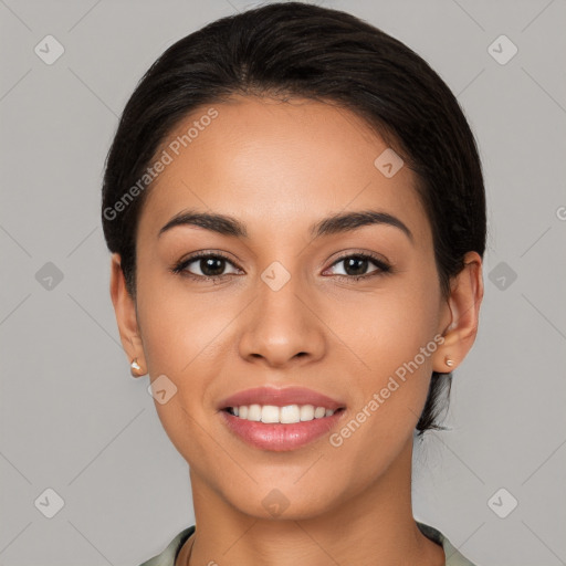 Joyful white young-adult female with short  black hair and brown eyes