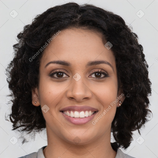 Joyful latino young-adult female with long  brown hair and brown eyes