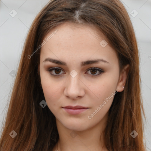 Neutral white young-adult female with long  brown hair and brown eyes