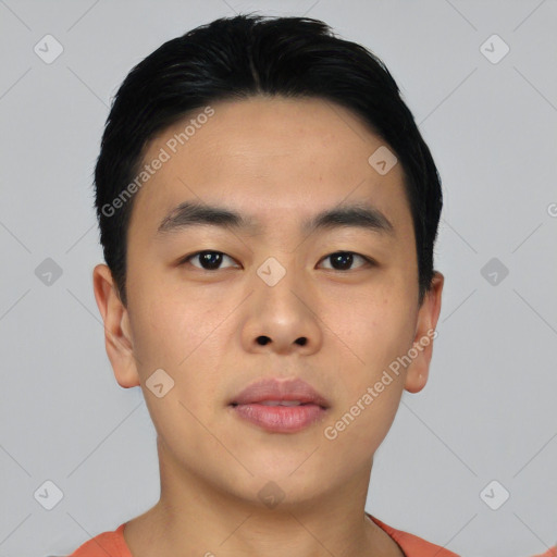 Neutral asian young-adult male with short  black hair and brown eyes