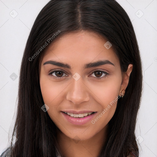 Joyful white young-adult female with long  brown hair and brown eyes