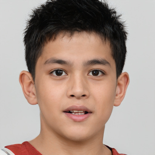 Joyful asian child male with short  brown hair and brown eyes