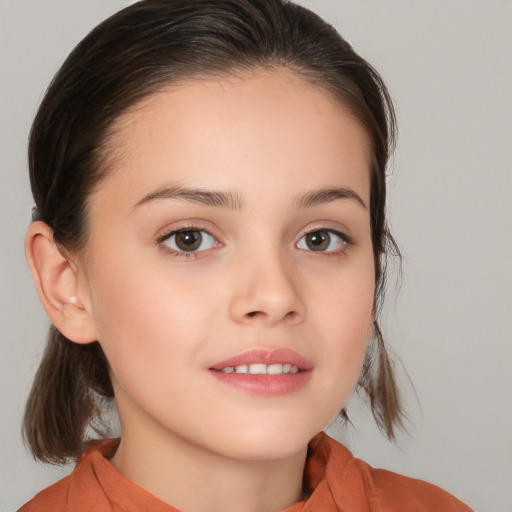 Joyful white child female with medium  brown hair and brown eyes