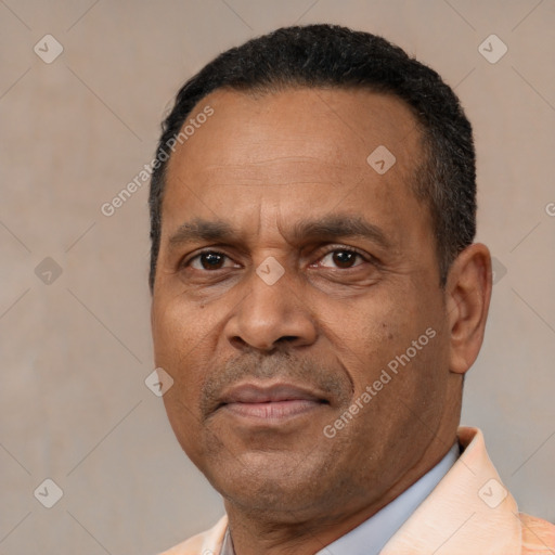 Neutral latino adult male with short  black hair and brown eyes