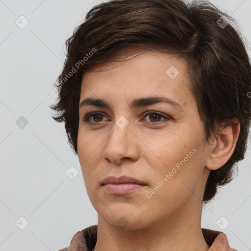 Neutral white young-adult female with short  brown hair and brown eyes