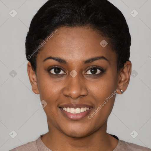 Joyful latino young-adult female with short  black hair and brown eyes