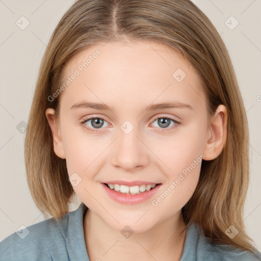 Joyful white child female with medium  brown hair and brown eyes