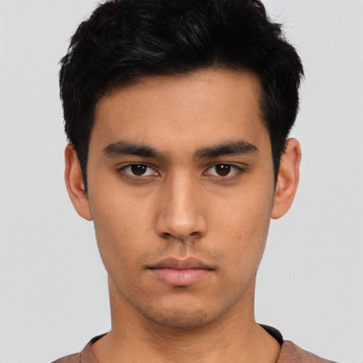 Neutral asian young-adult male with short  black hair and brown eyes