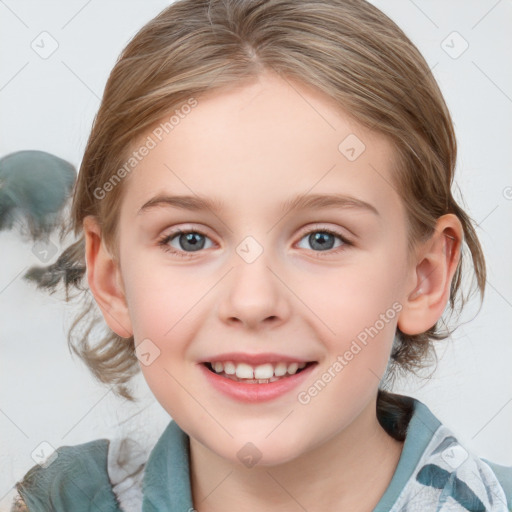 Joyful white child female with medium  brown hair and blue eyes