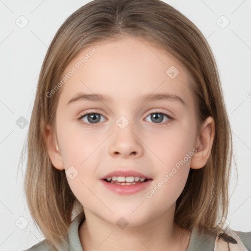 Joyful white child female with medium  brown hair and brown eyes