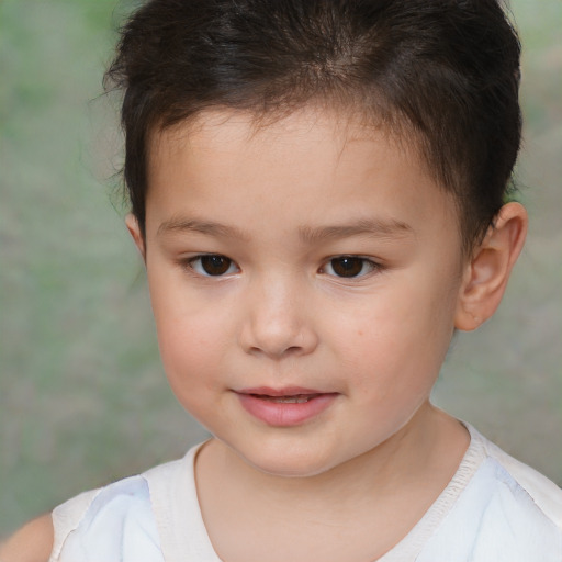 Joyful white child female with short  brown hair and brown eyes