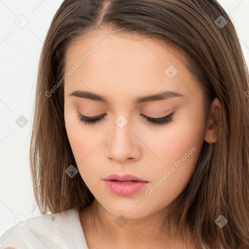 Neutral white young-adult female with long  brown hair and brown eyes