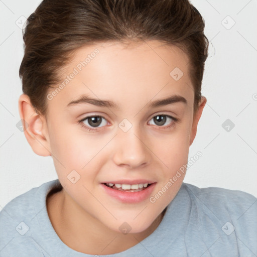 Joyful white child female with short  brown hair and brown eyes