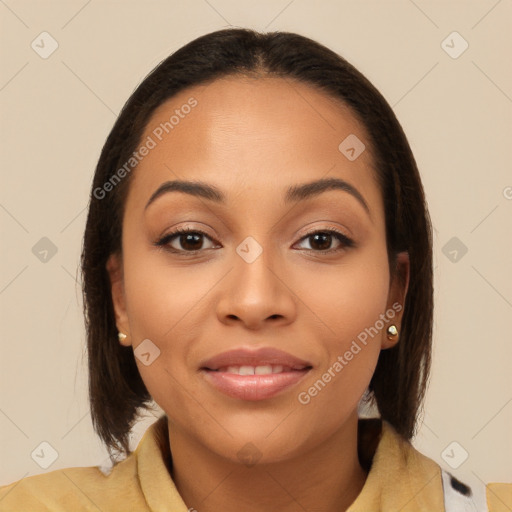 Joyful latino young-adult female with medium  brown hair and brown eyes