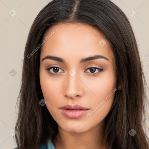 Neutral white young-adult female with long  brown hair and brown eyes