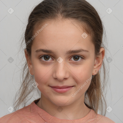 Joyful white child female with medium  brown hair and brown eyes