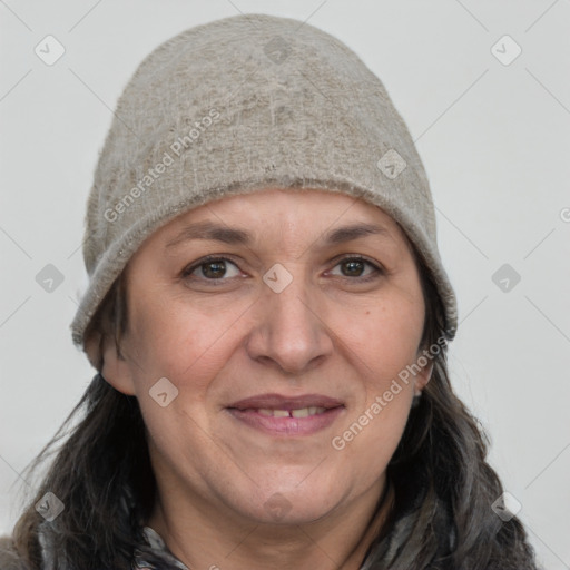 Joyful white adult female with short  brown hair and grey eyes