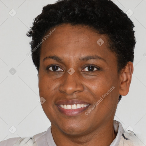 Joyful black adult female with short  brown hair and brown eyes