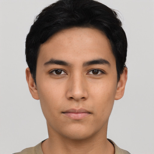 Neutral asian young-adult male with short  black hair and brown eyes