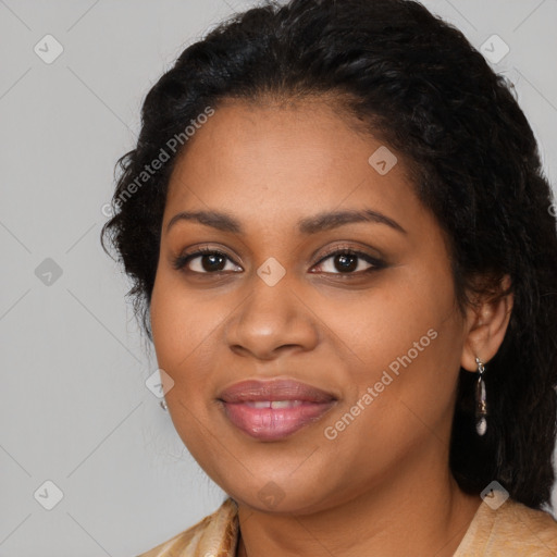 Joyful black young-adult female with medium  black hair and brown eyes