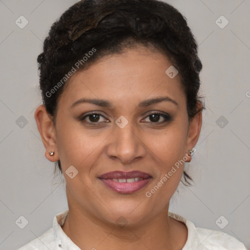 Joyful latino young-adult female with short  brown hair and brown eyes