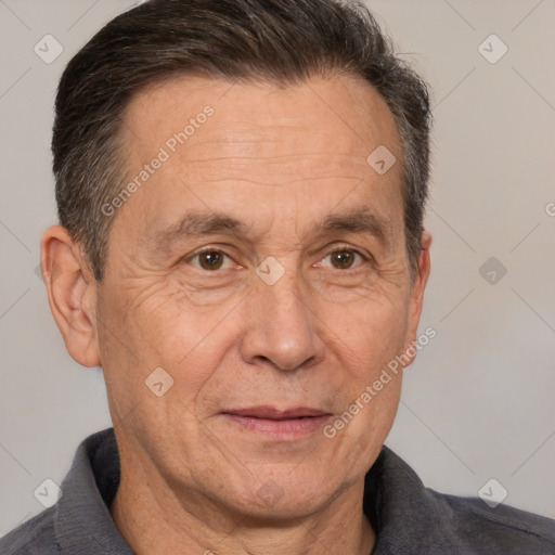 Joyful white middle-aged male with short  brown hair and brown eyes