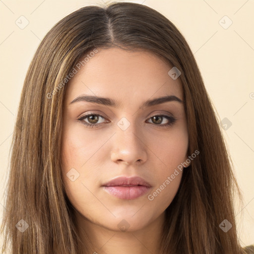 Neutral white young-adult female with long  brown hair and brown eyes