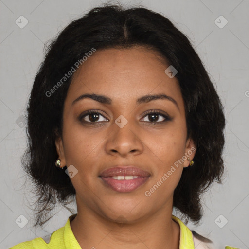 Joyful black young-adult female with medium  brown hair and brown eyes