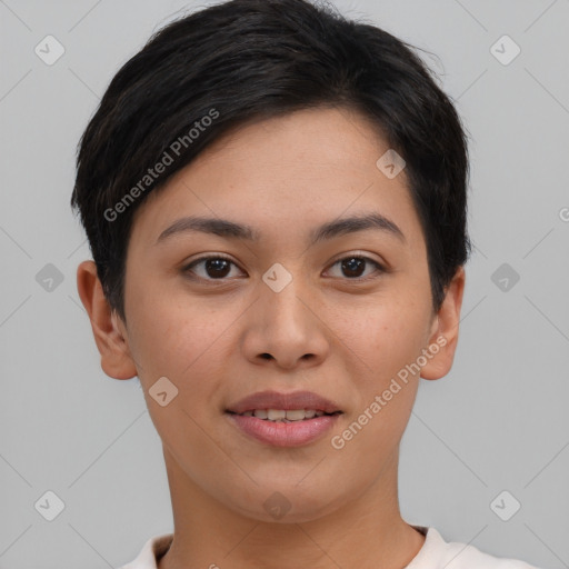 Joyful asian young-adult female with short  brown hair and brown eyes