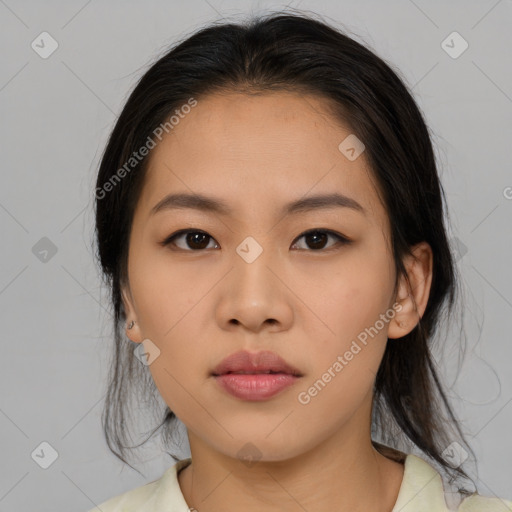 Neutral asian young-adult female with medium  black hair and brown eyes