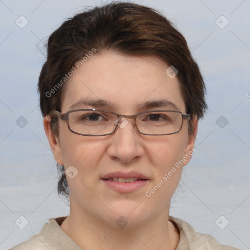 Joyful white adult female with short  brown hair and brown eyes