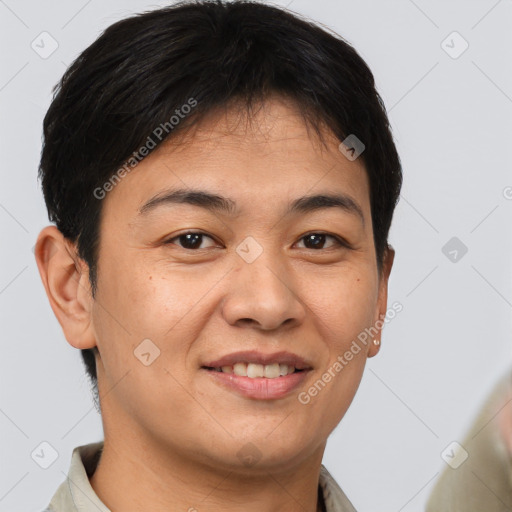 Joyful asian young-adult female with short  brown hair and brown eyes