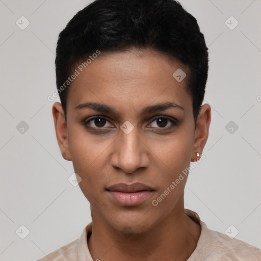 Joyful latino young-adult female with short  black hair and brown eyes