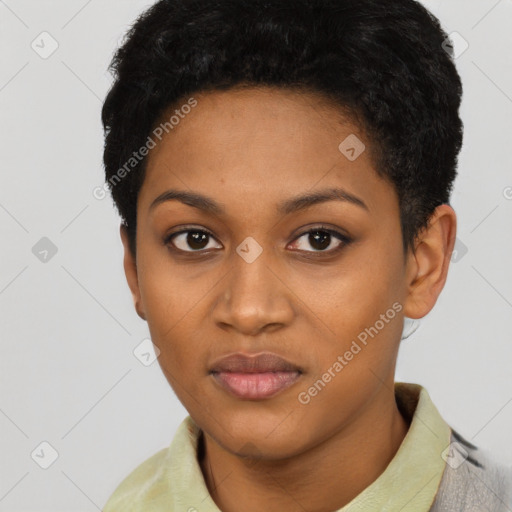 Neutral black young-adult female with short  black hair and brown eyes