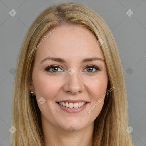 Joyful white young-adult female with long  brown hair and brown eyes