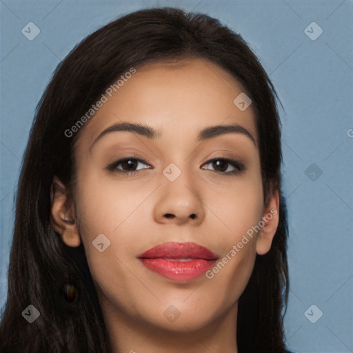 Joyful latino young-adult female with long  black hair and brown eyes