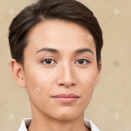 Neutral white young-adult female with short  brown hair and brown eyes