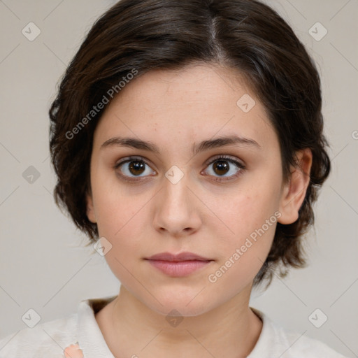 Neutral white young-adult female with medium  brown hair and brown eyes